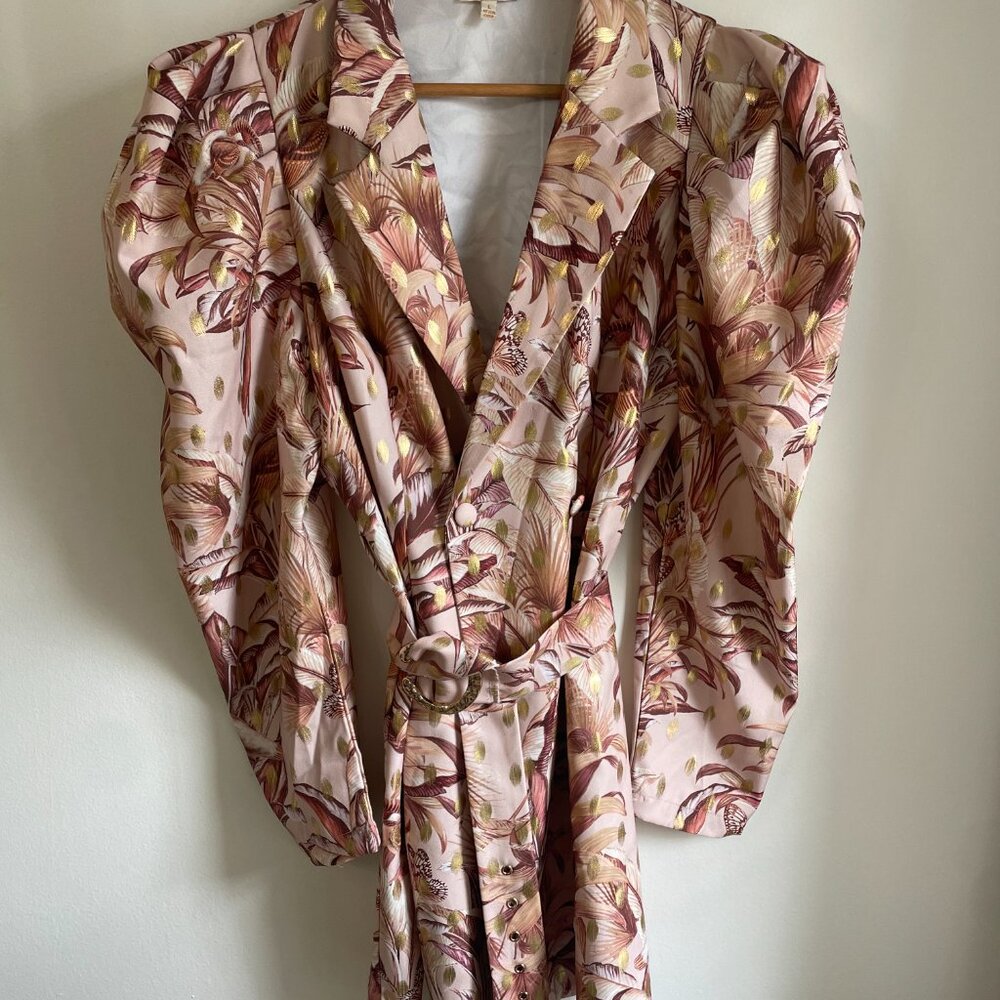 Cocktail floral peach and gold patterned blazer dress with belt accent.